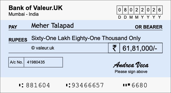 How to write a cheque for 61.81 lakh rupees