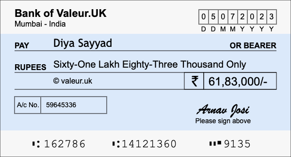 How to write a cheque for 61.83 lakh rupees