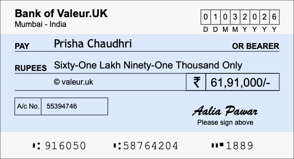How to write a cheque for 61.91 lakh rupees