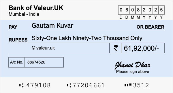 How to write a cheque for 61.92 lakh rupees