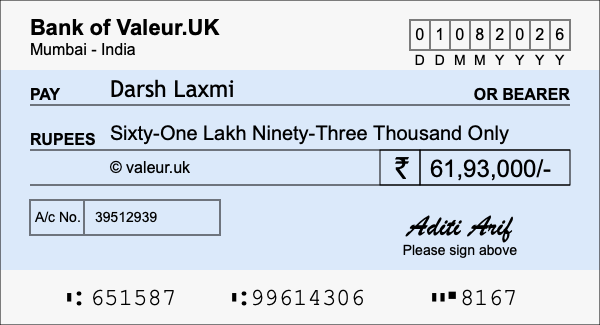 How to write a cheque for 61.93 lakh rupees