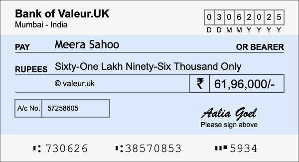 How to write a cheque for 61.96 lakh rupees
