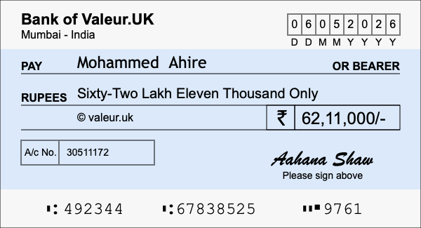 How to write a cheque for 62.11 lakh rupees How to write a cheque for 62.11 lakh rupees
