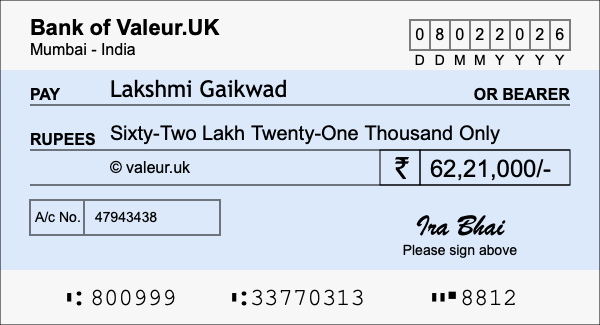 How to write a cheque for 62.21 lakh rupees