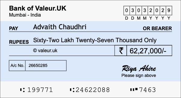 How to write a cheque for 62.27 lakh rupees