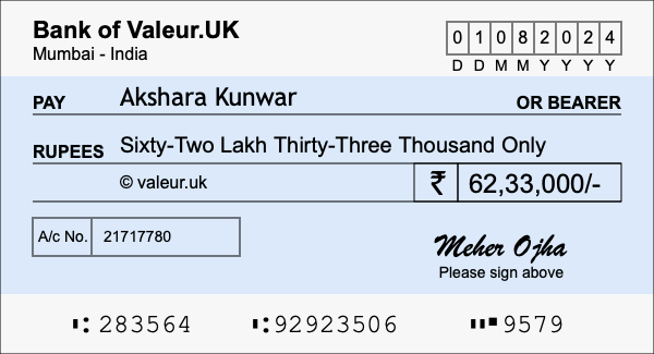 How to write a cheque for 62.33 lakh rupees