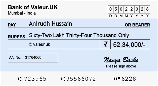 How to write a cheque for 62.34 lakh rupees