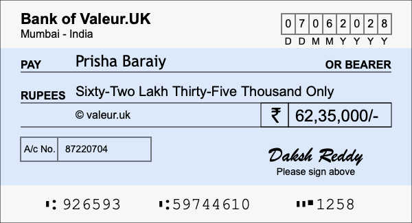 How to write a cheque for 62.35 lakh rupees
