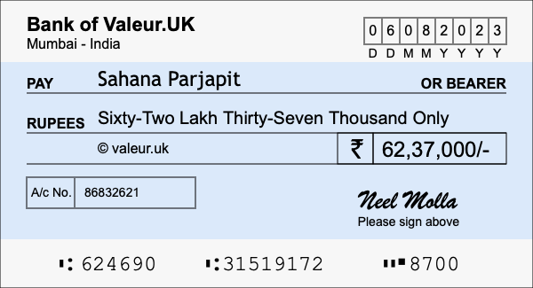 How to write a cheque for 62.37 lakh rupees