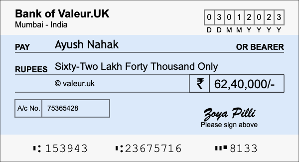 How to write a cheque for 62.4 lakh rupees
