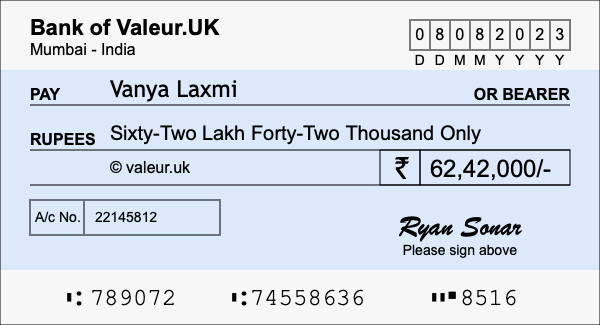 How to write a cheque for 62.42 lakh rupees