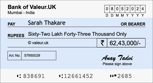 How to write a cheque for 62.43 lakh rupees
