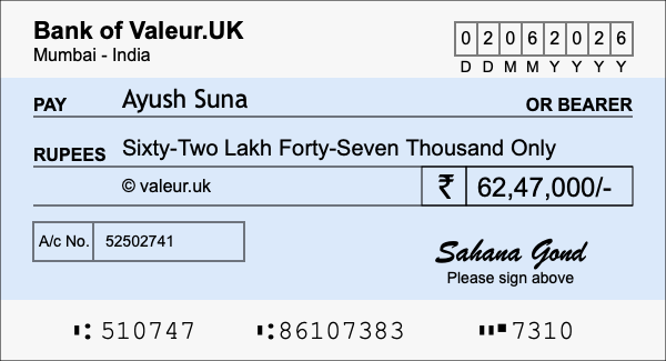 How to write a cheque for 62.47 lakh rupees