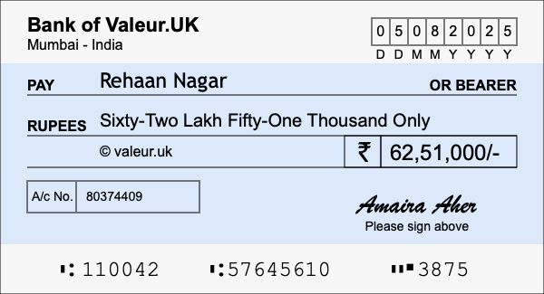 How to write a cheque for 62.51 lakh rupees