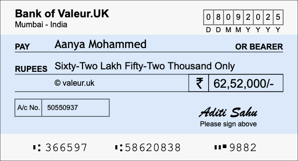 How to write a cheque for 62.52 lakh rupees