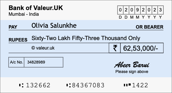 How to write a cheque for 62.53 lakh rupees