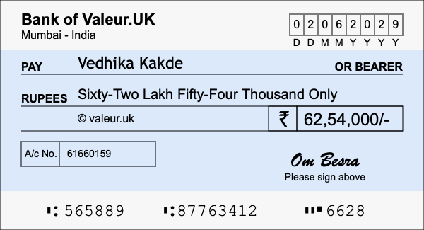 How to write a cheque for 62.54 lakh rupees
