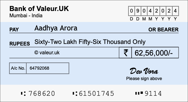 How to write a cheque for 62.56 lakh rupees How to write a cheque for 62.56 lakh rupees