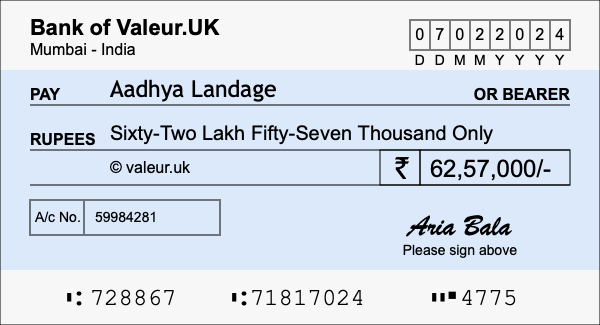 How to write a cheque for 62.57 lakh rupees