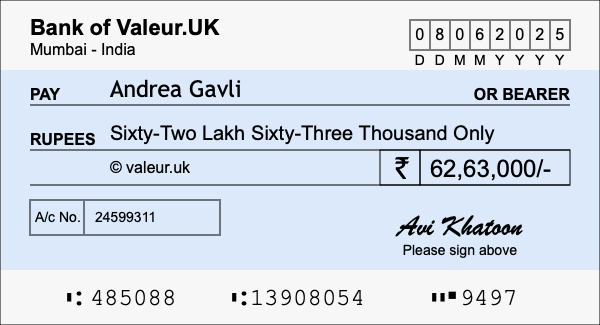 How to write a cheque for 62.63 lakh rupees