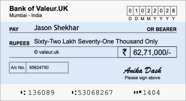 How to write a cheque for 62.71 lakh rupees