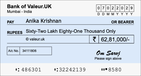 How to write a cheque for 62.81 lakh rupees How to write a cheque for 62.81 lakh rupees