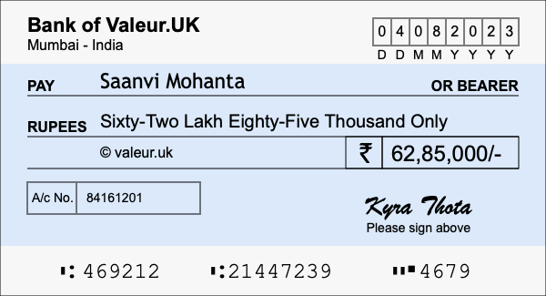 How to write a cheque for 62.85 lakh rupees