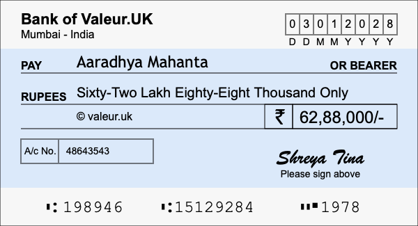 How to write a cheque for 62.88 lakh rupees