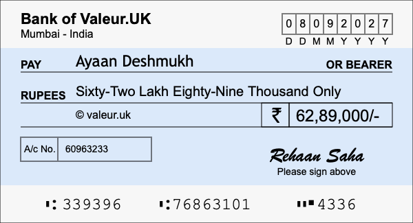How to write a cheque for 62.89 lakh rupees