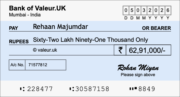How to write a cheque for 62.91 lakh rupees