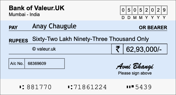 How to write a cheque for 62.93 lakh rupees