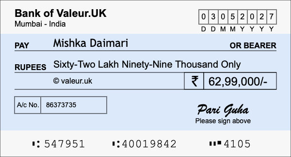 How to write a cheque for 62.99 lakh rupees