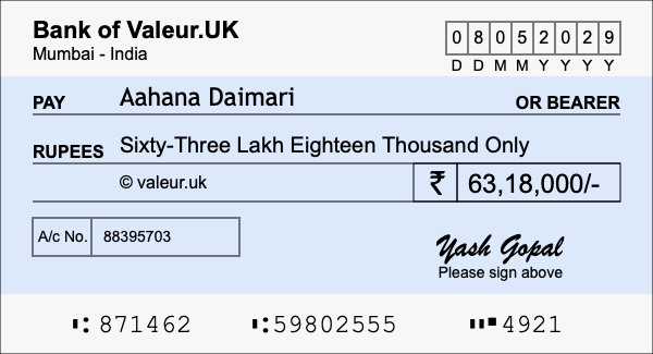 How to write a cheque for 63.18 lakh rupees