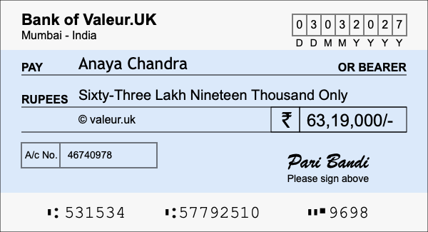 How to write a cheque for 63.19 lakh rupees