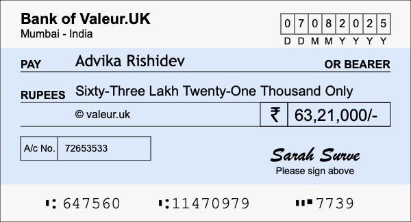 How to write a cheque for 63.21 lakh rupees