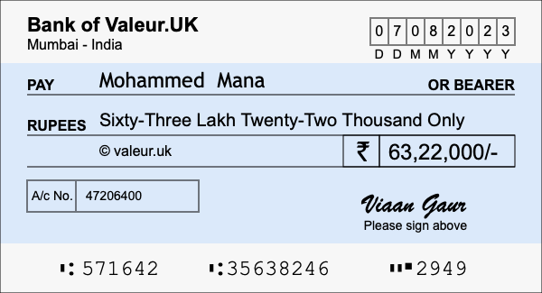 How to write a cheque for 63.22 lakh rupees