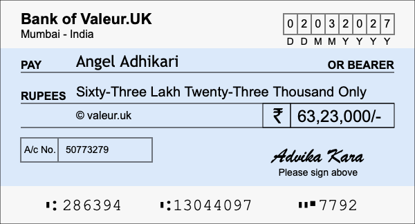 How to write a cheque for 63.23 lakh rupees