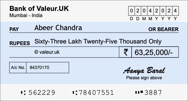 How to write a cheque for 63.25 lakh rupees
