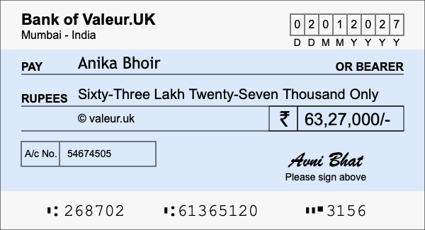 How to write a cheque for 63.27 lakh rupees
