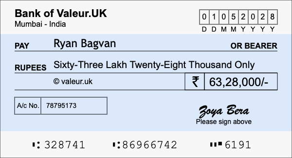 How to write a cheque for 63.28 lakh rupees