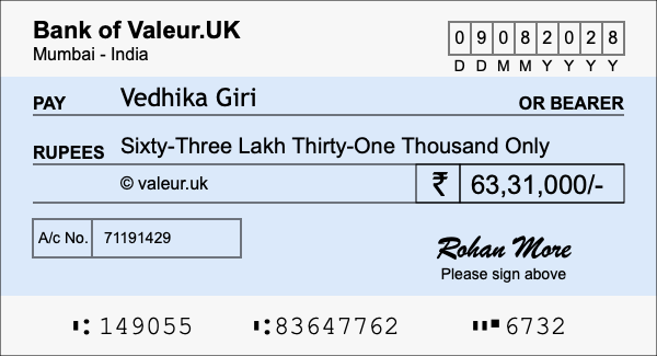 How to write a cheque for 63.31 lakh rupees