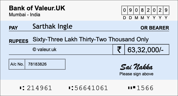 How to write a cheque for 63.32 lakh rupees
