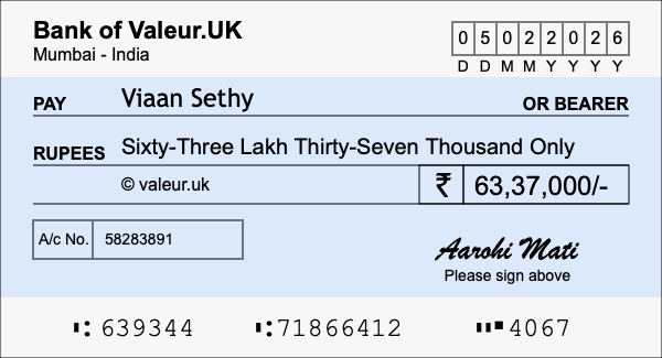 How to write a cheque for 63.37 lakh rupees