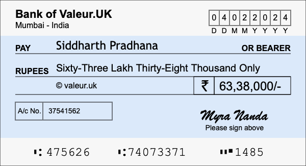 How to write a cheque for 63.38 lakh rupees