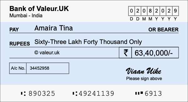 How to write a cheque for 63.4 lakh rupees