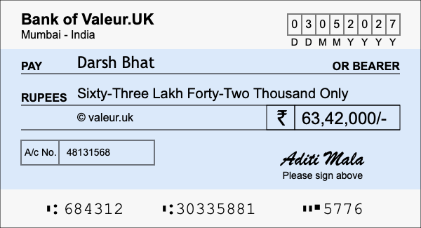 How to write a cheque for 63.42 lakh rupees