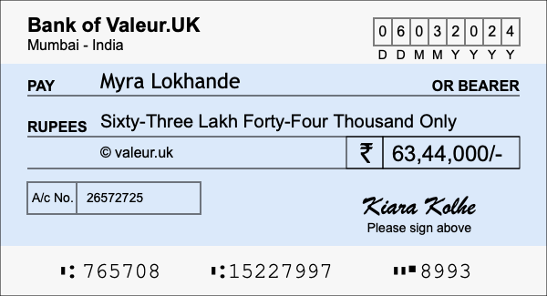 How to write a cheque for 63.44 lakh rupees