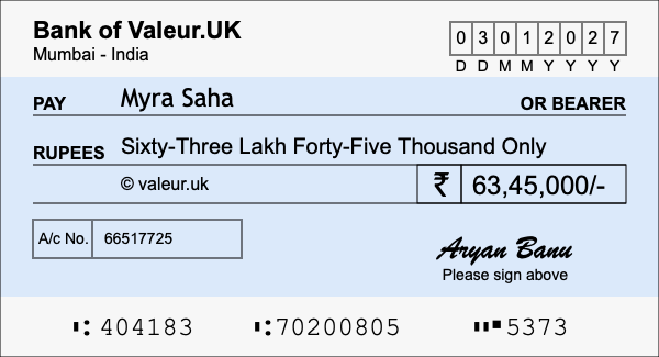 How to write a cheque for 63.45 lakh rupees
