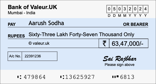 How to write a cheque for 63.47 lakh rupees