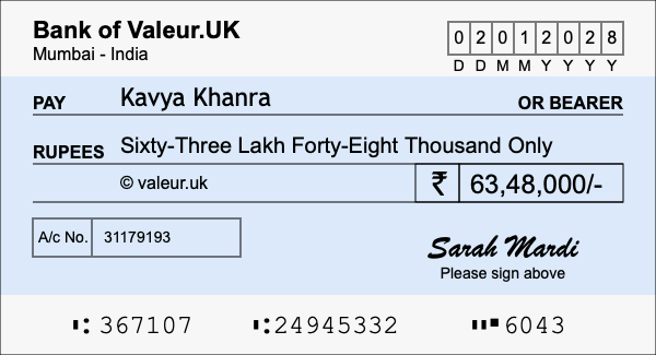 How to write a cheque for 63.48 lakh rupees